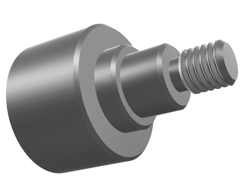The lathe certification project base: a turned steel part with a large cylindrical body, a stepped shoulder, and a threaded stud on the end.
