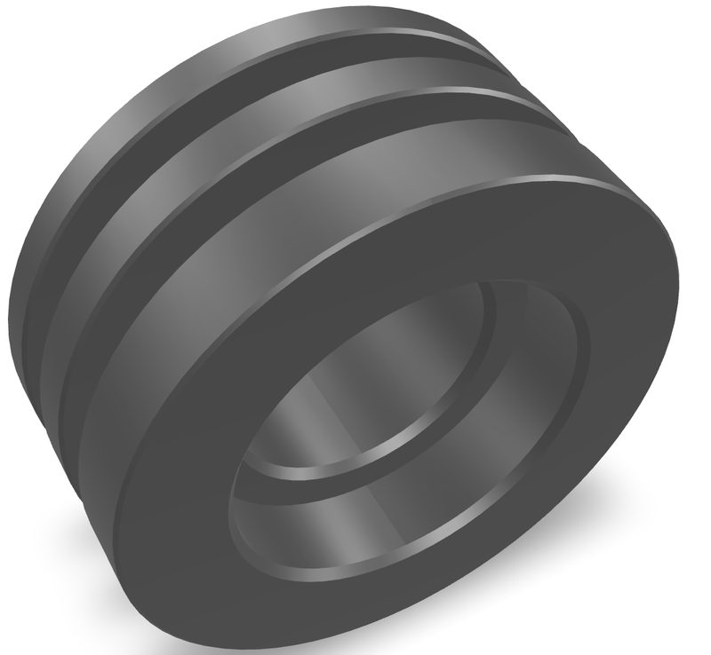 The lathe certification project spacer: a short turned cylinder bored through the centre, with three grooves cut around its outside diameter.
