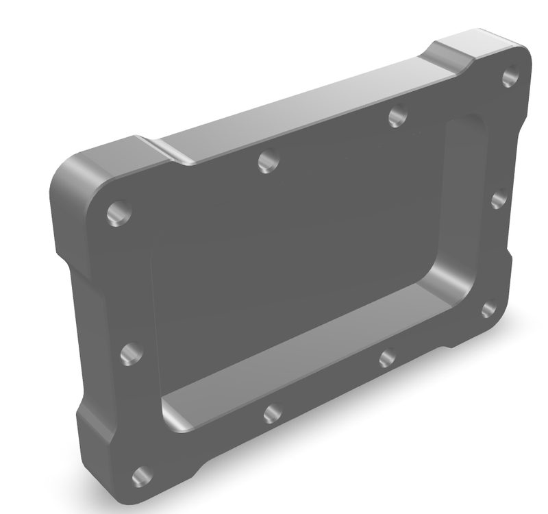 The mill certification project bottom cover: a rectangular steel plate with rounded corners, a shallow rectangular pocket machined into the face, and counterbored screw holes around the flange.