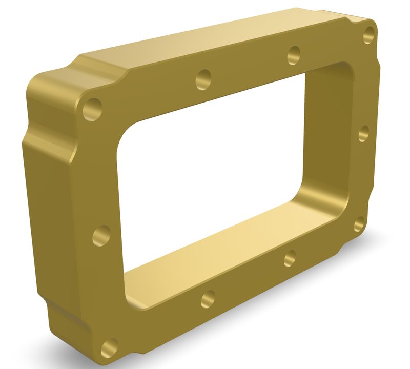 The mill certification project spacer: a rectangular brass frame with rounded corners, open all the way through the middle, with counterbored screw holes around all four sides.