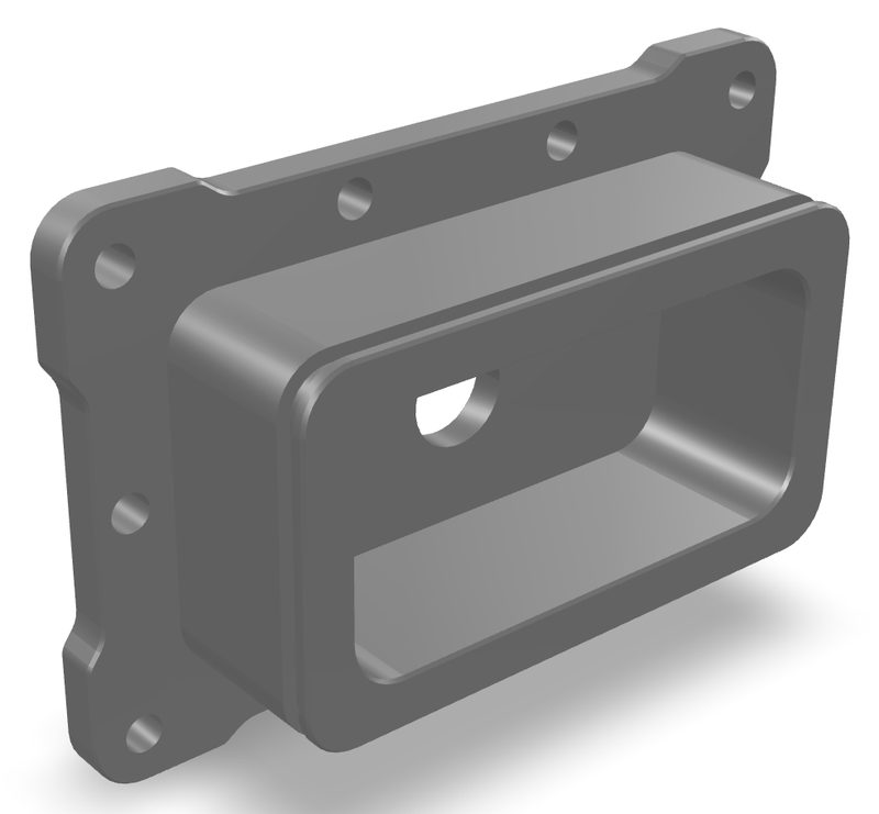 The mill certification project top cover: a rectangular plate with
                        rounded corners, a deep rectangular pocket machined into the face,
                        an oval hole through the pocket floor, and counterbored screw holes
                        around the flange.