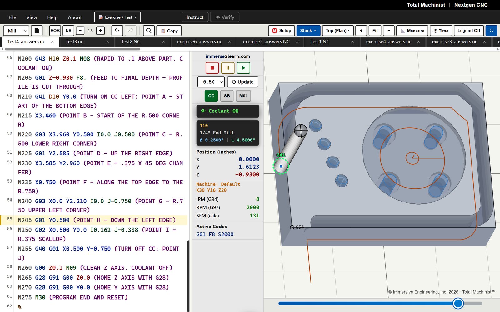 The NextGen simulator set to Mill. The left panel holds G-code with a
                    comment on every line naming the point it cuts to; the centre shows a
                    quarter-inch end mill loaded, coolant on, the spindle at 2000 rpm and
                    live tool position; the right shows the part in three dimensions with
                    a rounded profile cut through, a bored circular recess ringed by
                    drilled holes, and the cutter-compensated toolpath drawn in orange
                    from the G54 datum.