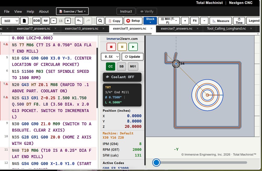 A G13 circular pocket canned cycle in the NextGen simulator. The code
                    panel shows the cycle called with a three-quarter inch end mill,
                    switching to incremental mode for a 3.5 inch diameter pocket, and the
                    simulation view draws the resulting spiral toolpath stepping outward
                    from the centre.